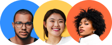 Three diverse individuals in circular portraits with colored backgrounds: a person with glasses on a blue background, a smiling person on a yellow background, and a person with curly hair on an orange background.