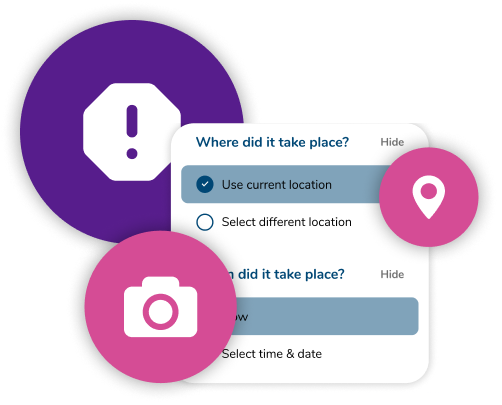A digital illustration showing navigation interface elements. A location pin and camera icon are in pink circles. A menu overlay asks Where did it take place? with options for location and time selection, using a purple exclamation mark backdrop.