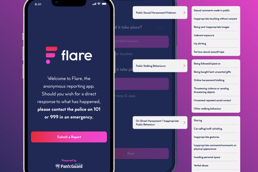 Two smartphones with the Flare app on the screens. One displays the welcome screen and the other shows reporting categories like Public Sexual Harassment and On-Street Harassment. Background is a gradient of purple and pink.