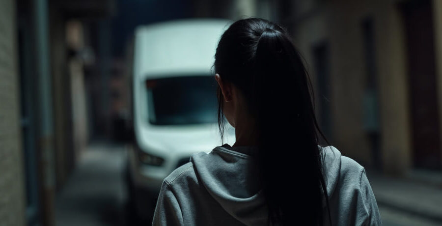 A person with long dark hair, wearing a hoodie, stands in a dimly lit alley facing a white van. The atmosphere is tense and mysterious.