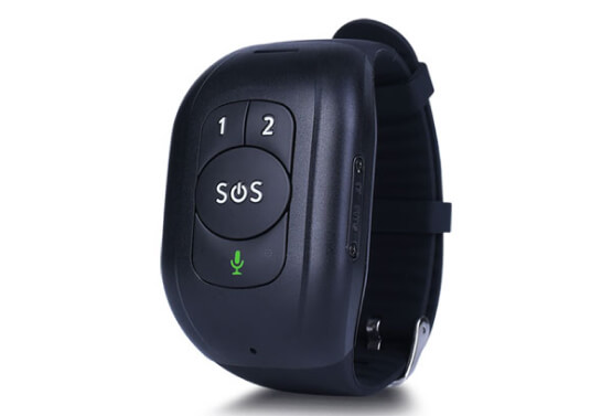 A black wearable emergency device with an SOS button centered between two numbered buttons (1 and 2). Below is a microphone symbol. It is attached to a black adjustable strap.