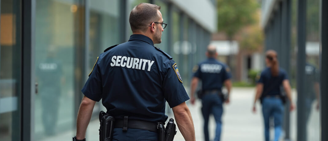 A security officer in uniform walks along a modern buildings corridor. Two other uniformed officers are seen in the distance. The setting appears urban, with glass windows lining the walkway.