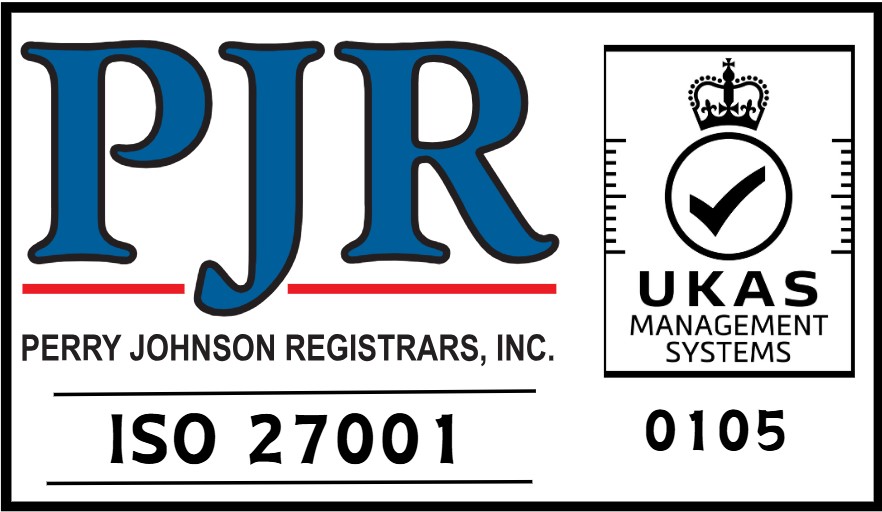 PJR Perry Johnson Registrars, Inc. logo on the left; on the right, UKAS Management Systems certification mark with a checkmark in a circle, crown above, and text ISO 27001 and 0105 below.